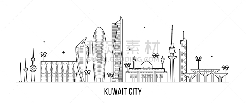 直的,城市天际线,科威特市,建筑外部,时尚,商务,现代,自然美,建筑,剪影