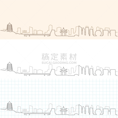 杭州,城市天际线,草图,图像,浙江省,线条画,铅笔,绘制,剪影
