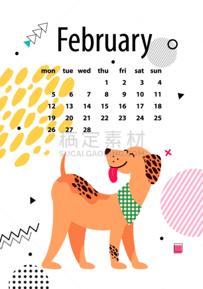 二月,日历,页,可爱的,进出港显示牌,纯种犬,梗犬,月,牧羊犬,狗
