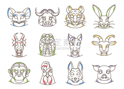 计算机图标,矢量,标志,分离着色,猴子,传统,蛇,狗,猪,山羊