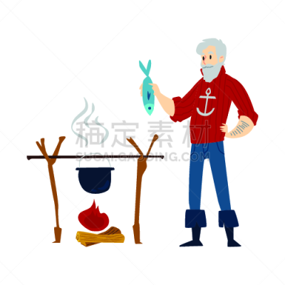 毛衣,大篝火,大锅炉,绘画插图,卡通,鱼类,平坦的,矢量,渔夫,烹调