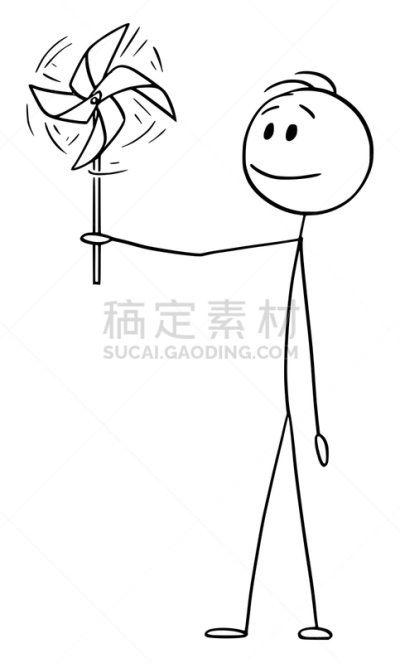 绘画插图,卡通,风力,男人,概念,风车,矢量,纸风车,拿着,风