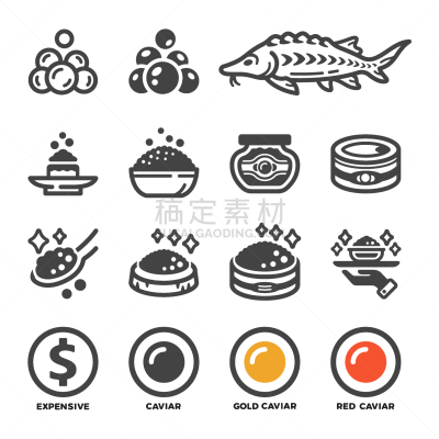 图标集,鲟鱼,轮廓,红色,黑色,黄金,清新,华贵,脆弱