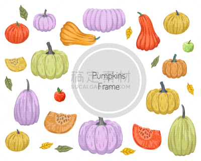 round frame with scattering colored pumpkins
