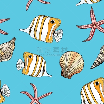 水,水下,海星,背景,四方连续纹样,矢量,蝴蝶鱼,钩形珊瑚鱼,卡通,贝壳