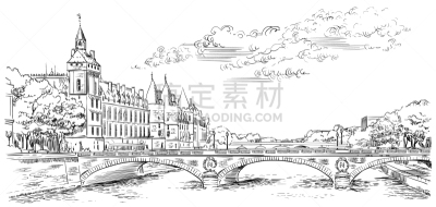 巴黎,五个物体,绘画插图,动物手,国际著名景点,法国,圣米歇尔广场,著名景点,剪影