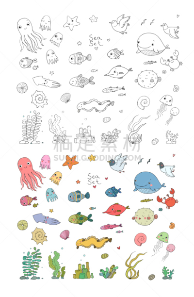 卡通,鱼类,海龟,海洋,海星,海草,瓶子,水母,海马,可爱的