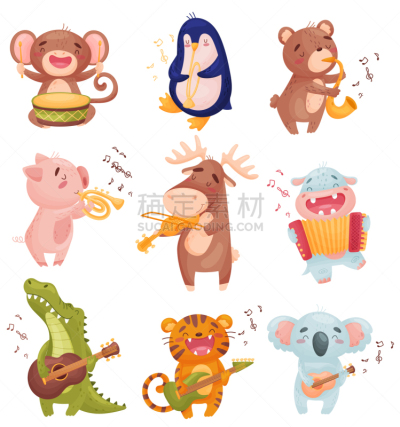 动物,乐器,猴子,可爱的,野生动物,哺乳纲,猪,熊,河马,欢乐