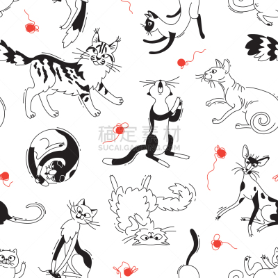 进行中,猫,四方连续纹样,个性,可爱的,纯种犬,纺织品,壁纸,动物,绘制