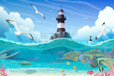 灯塔楼,海洋,卡通,灯塔,海底,插画,岩石,浮标,云,天气