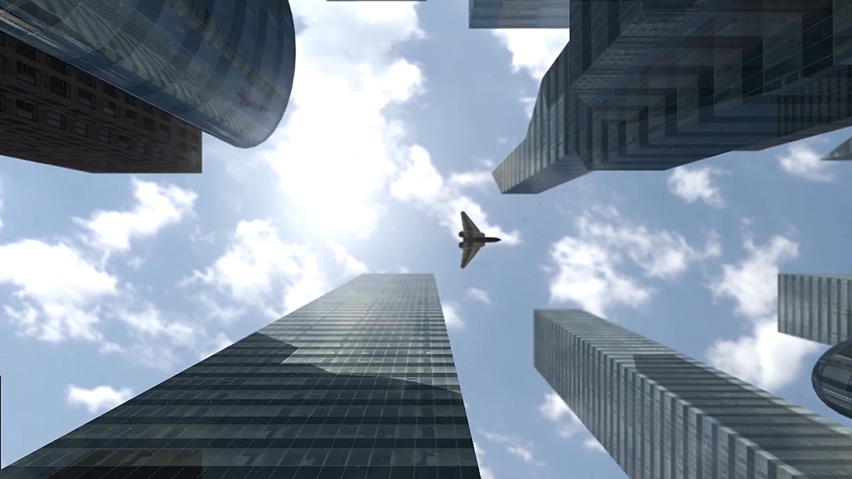 在3D城市上空飞行的未来主义宇宙飞船