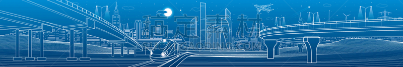 全景,绘画插图,轮廓,成一排,桥,艺术,城市生活,现代,立交桥,城镇