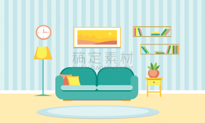 舒服,室内,地板,沙发,小毯子,装饰物,植物,钟,绘画插图