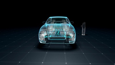 电子，氢，锂回声汽车。给汽车电池充电。侧视图。