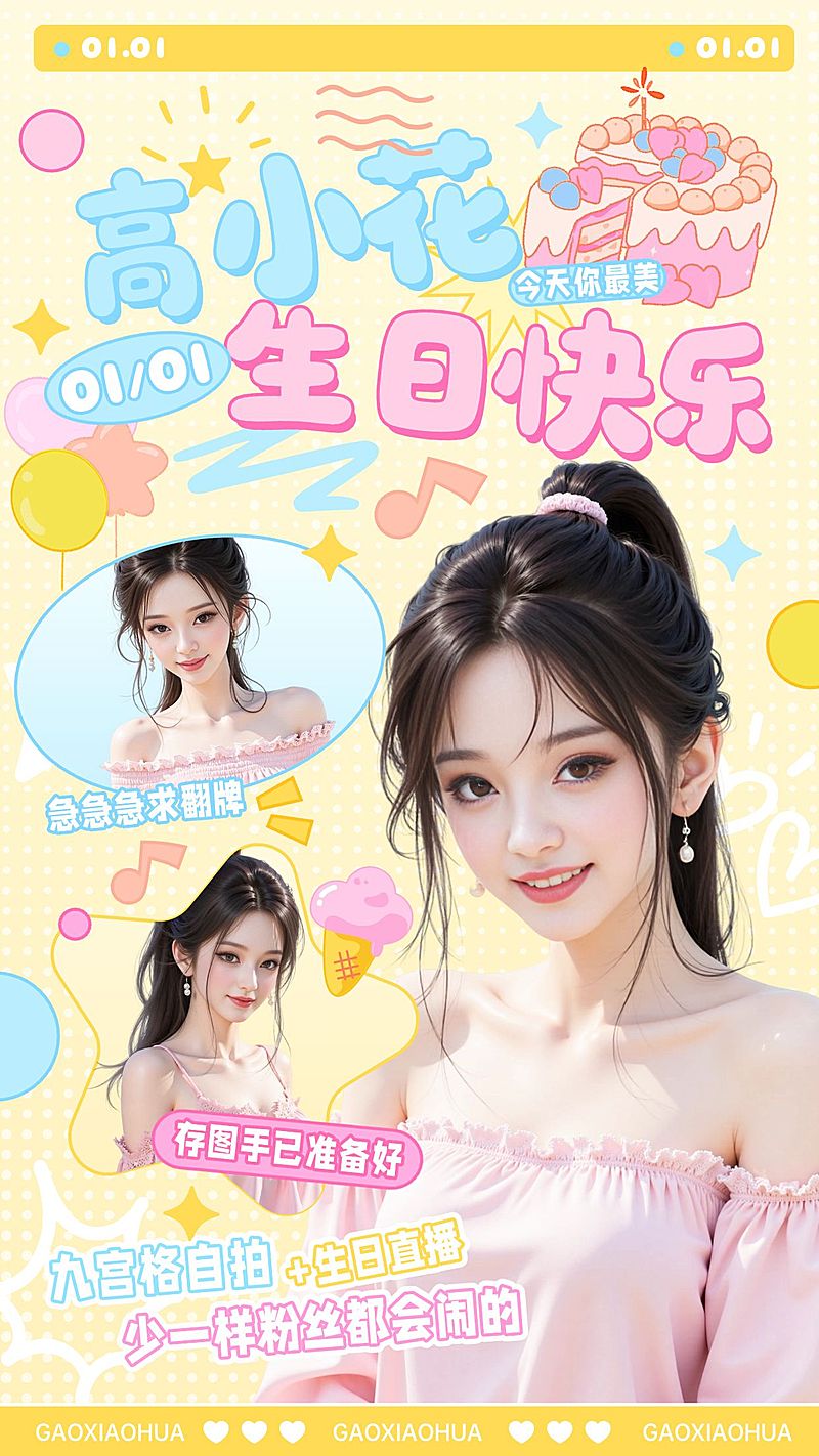 粉丝生日应援甜美感拼贴手机海报aigc
