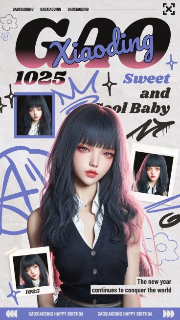 文体娱乐应援生日祝福-甜酷涂鸦手机海报AIGC预览效果