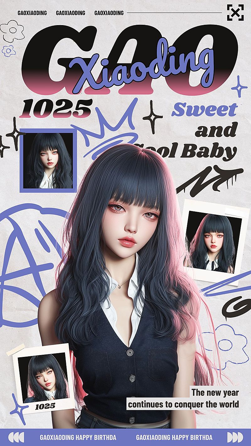文体娱乐应援生日祝福-甜酷涂鸦手机海报AIGC