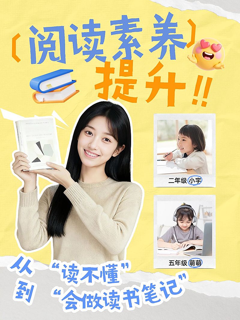 教育培训K12教育阅读素养提升人像小红书封面