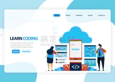 模板,绘画插图,矢量,移动应用程序,编码,计算机语言,极简构图,平坦的,发展,化妆