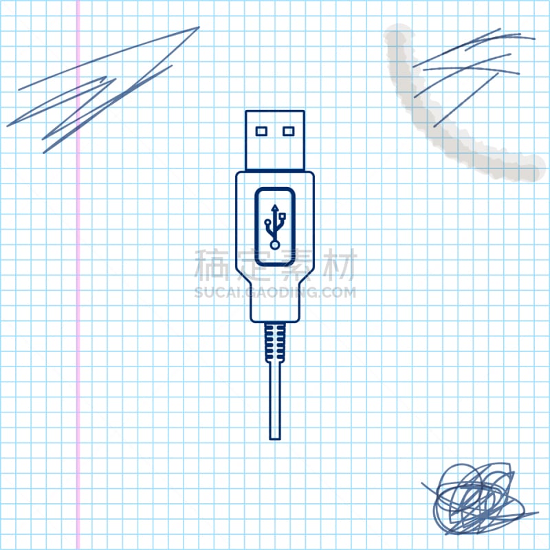 分离着色,USB线,草图,图标,白色,线条,线绳,轮廓,数据,计算机