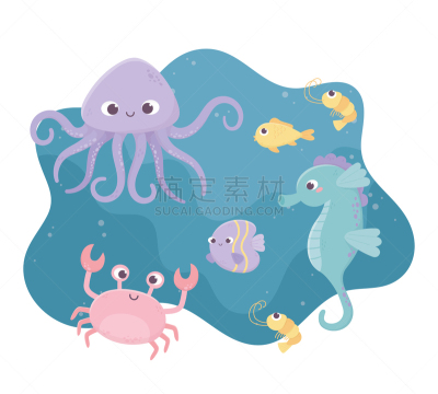 螃蟹,在下面,章鱼,卡通,虾,海马,生活方式,海洋,鱼类