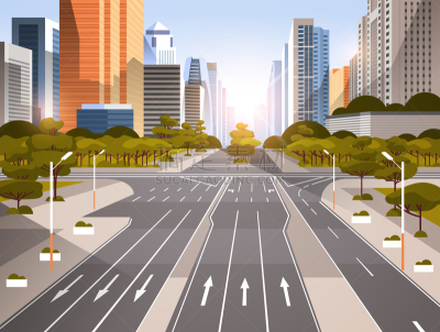 公路,都市风景,城市天际线,箭头符号,平坦的,式样,水平画幅,柏油路,交通标志,日出