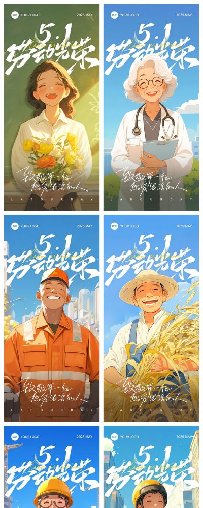 五一劳动节温馨感劳动者群像笑容插画海报