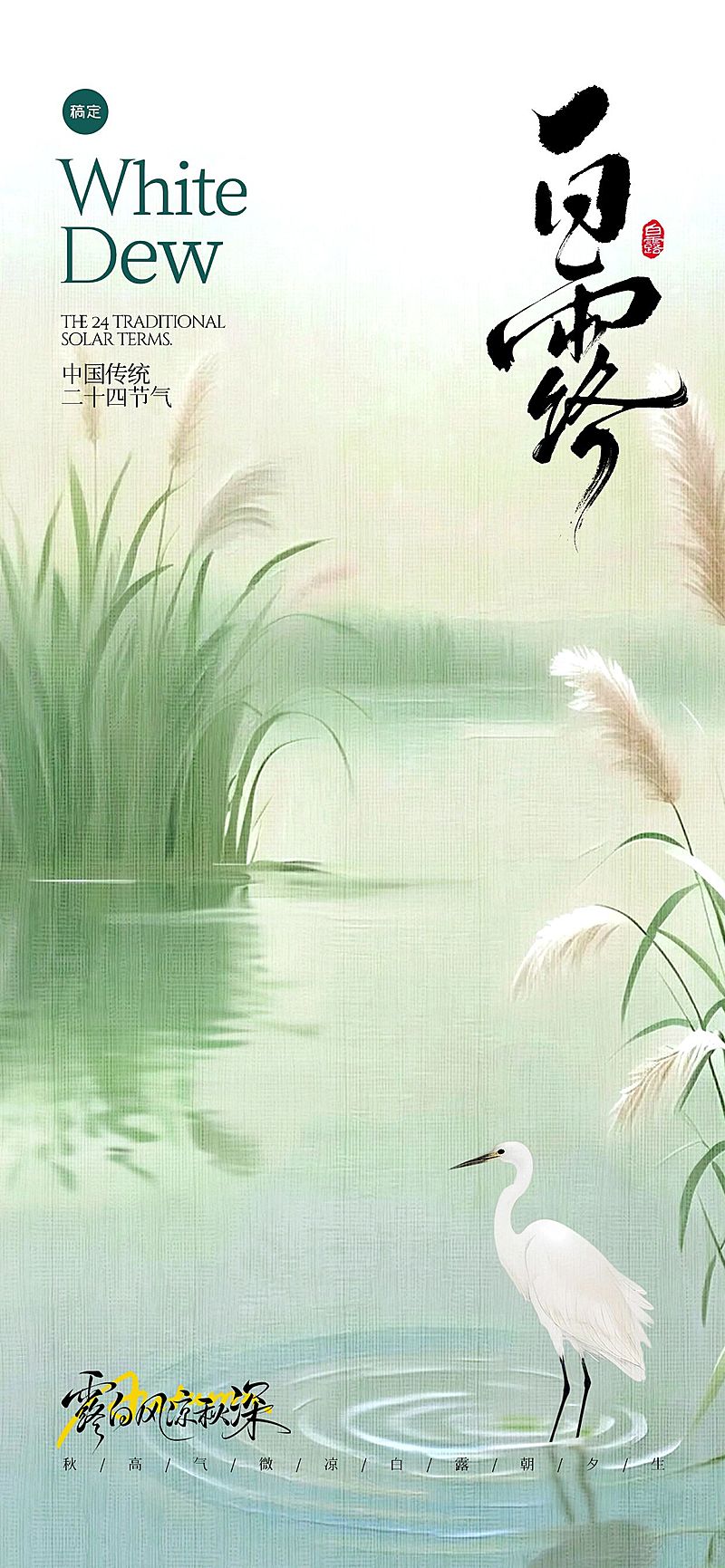 白露节气肌理感湖泊倒影白鹭芦苇海报AIGC