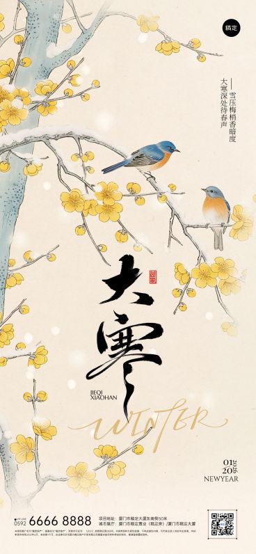 大寒节气祝福国风花鸟中式感通用全屏竖版海报预览效果