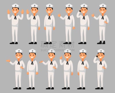绘画插图,水手,扁平化设计,男人,矢量,动画片,个性,注视镜头,船,健康保健