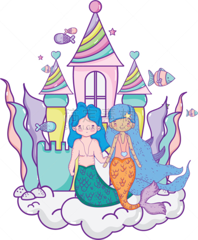 水下,伴侣,城堡,美人鱼,可爱的,水瓶座,飘然,家庭,女人,梦想