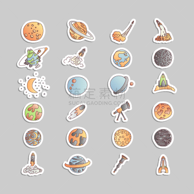 可爱的,太空,图标,漫画,技术,行星,宇航员,天空,顺序,科学