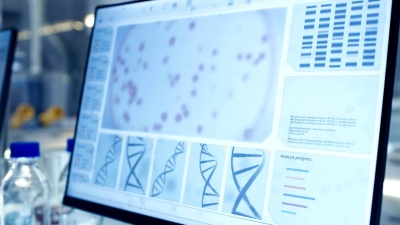 高级女科学家在现代实验室的计算机上工作。她的同事们在她旁边工作。