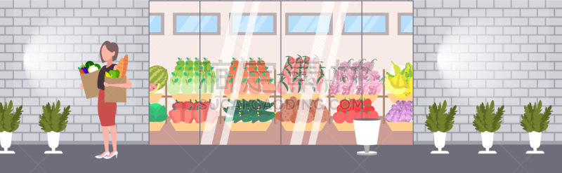 女人,拿着,顾客,纸袋,充满的,蔬菜,篮子,食品,维生素,食品杂货