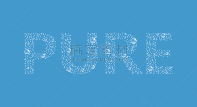 The word "PURE" from bubbles on blue background. transparent text from bubbles splash. 3d vector realistic. air, droplet, underwater air, rain, condensate. Vector Illustration. EPS 10.
