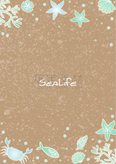 sealife on brown sand frame background