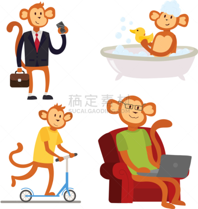 猴子,人,套装,性格,古服装,卡通,分离着色,可爱的,衣服,男人