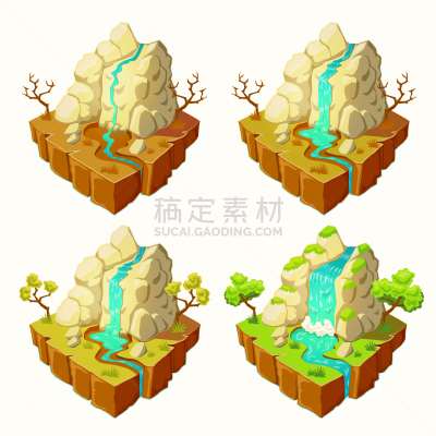 瀑布,山,岛,天气,模板,河流,石头,三维图形,联系,流动