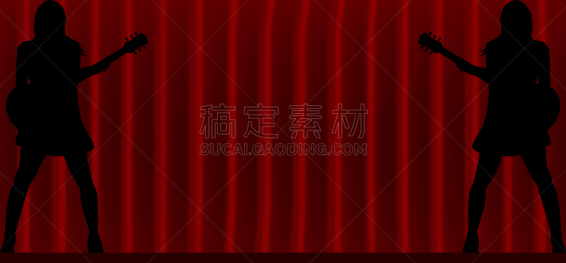 舞台,吉他手,表演者,女性,女人,女孩,红色,图像,矢量,剪影