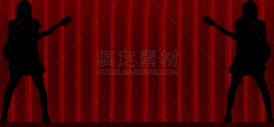 舞台,吉他手,表演者,女性,女人,女孩,红色,图像,矢量,剪影