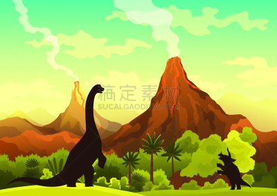 山,火山,烟,恐龙,绿色,绘画插图,矢量,地形,自然美,史前时代