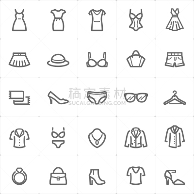 女人,衣服,图标集,信心,成一排,图标,小的,毛衣,外套,裤子