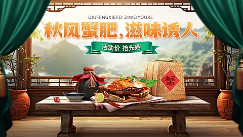 食品生鲜大闸蟹产品营销中式感电商横版海报AIGC