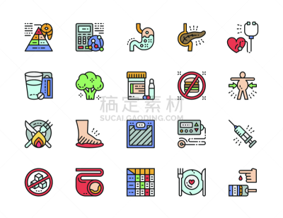 糖尿病,计算机图标,胃灼热,彩色图片,心电图,平坦的,脉搏图,线条,药,布置