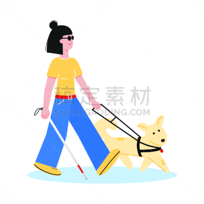 狗,导游,女孩,盲杖,盲人,狗链,背景分离,视力,步行,微笑