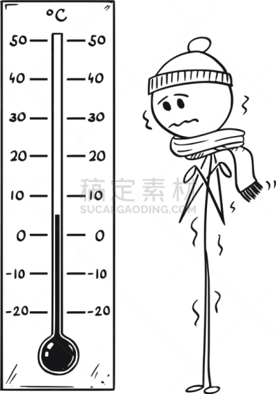 冷,温度计,看,男人,巨大的,动画片,测量工具,环境,天气,棍