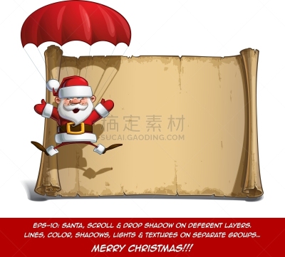 降落伞,圣诞老公,幸福,卷,分离着色,可爱的,唔唔唔,空白的,庆祝,飞