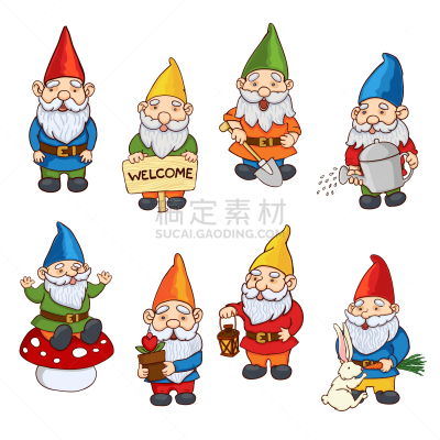 绘画插图,花园矮人雕像,可爱的,背景分离,花盆,环境,喷壶,矮小的植物,侏儒,古典式
