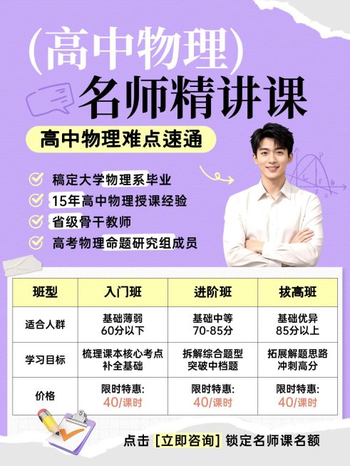 教育培训K12教育高中物理名师介绍人像小红书封面预览效果