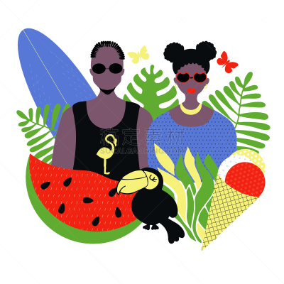 夏天,绘画插图,西瓜,冰淇淋,女人,矢量,异性恋,人,男人,平坦的